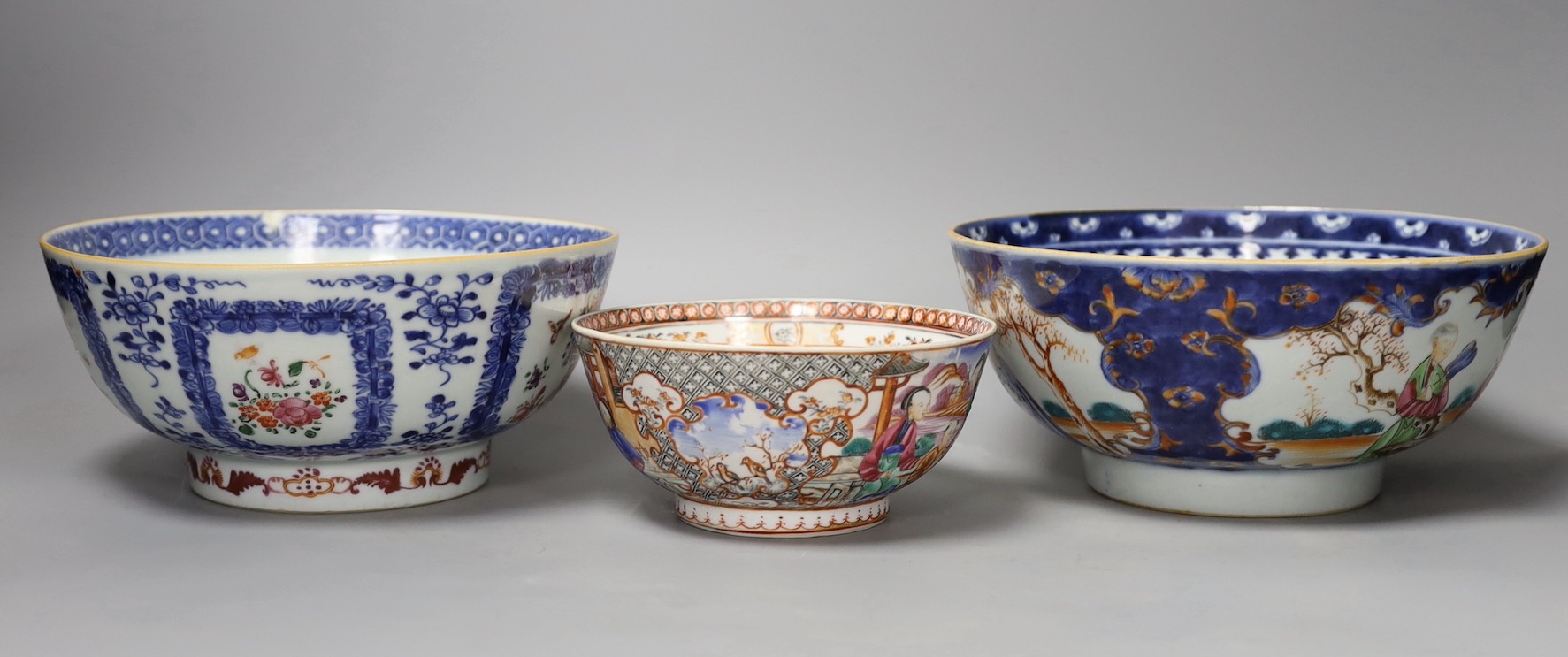 Three 18th century Chinese export famille rose bowls (two a/f), largest bowl 19.5 cms diameter
